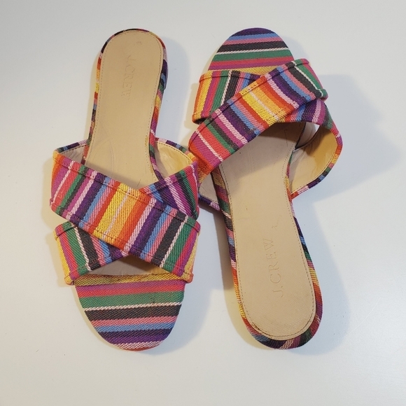 J. Crew Cora  colorfull stripes canvas Flat Slides sandals size 8 - Picture 1 of 11